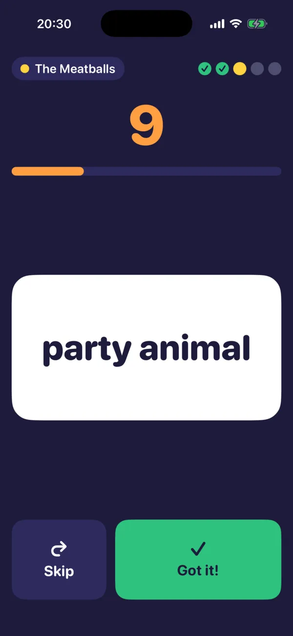 A turn in Describe mode: the phrase party animal, 9 seconds left, with the Skip and Got it! buttons.