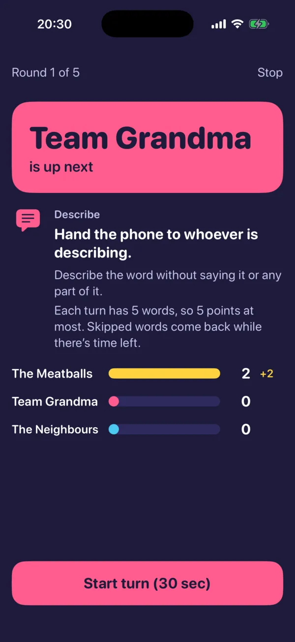 Team Grandma is up next, with the instruction: hand the phone to whoever is describing. The Meatballs are on 2 points.
